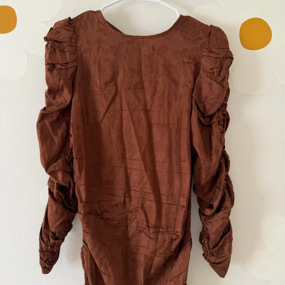 NWT ByTimo Jacquard Chocolate Brown Floral Ruched Ruffled Georgette Mini Dress - Picture 6 of 15